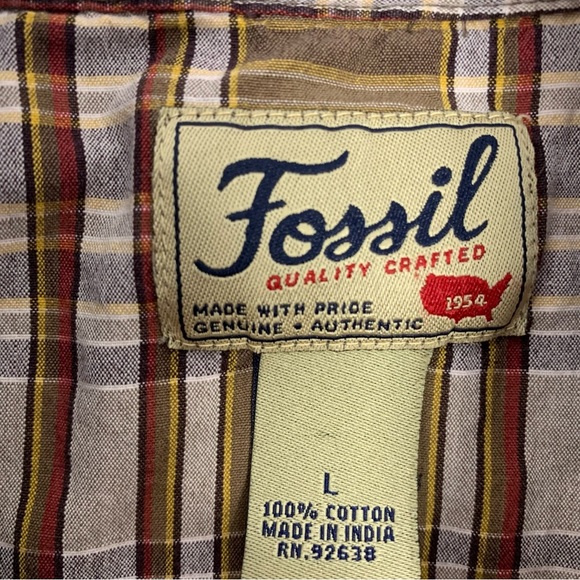 Fossil Pearl Snap Brown Plaid  Shirt Men Large 100% Cotton Long Sleeve  Western - Picture 7 of 9